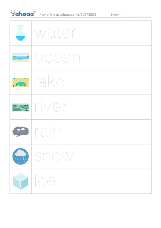 Picture and word rows worksheet for water