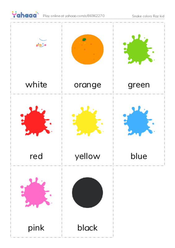Picture flashcards worksheet for Snake colors Raz kid