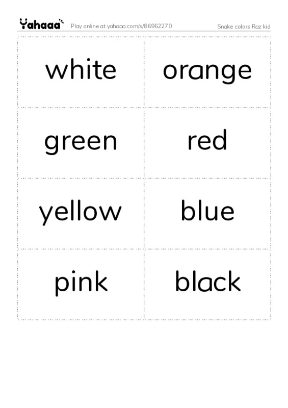 Word flashcards worksheet for Snake colors Raz kid