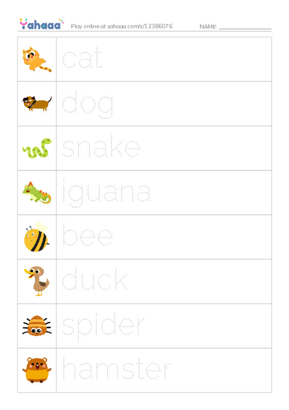 Picture and word rows worksheet for animal U4