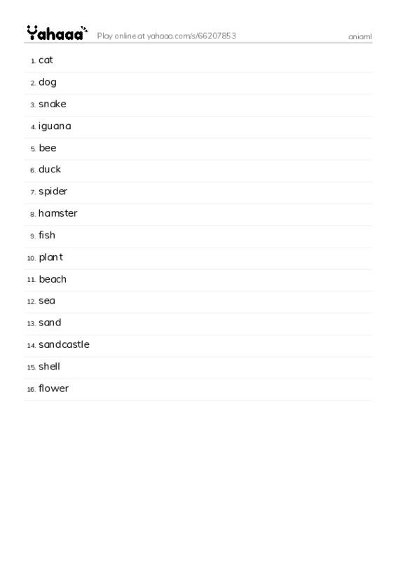 Word list with meanings worksheet for animal U4