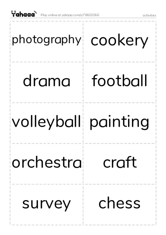 Word flashcards worksheet for activities