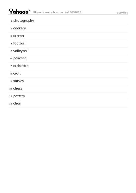 Word list with meanings worksheet for activities