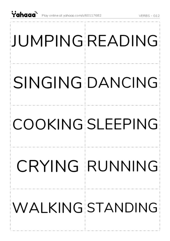 Word flashcards worksheet for VERBS - G12
