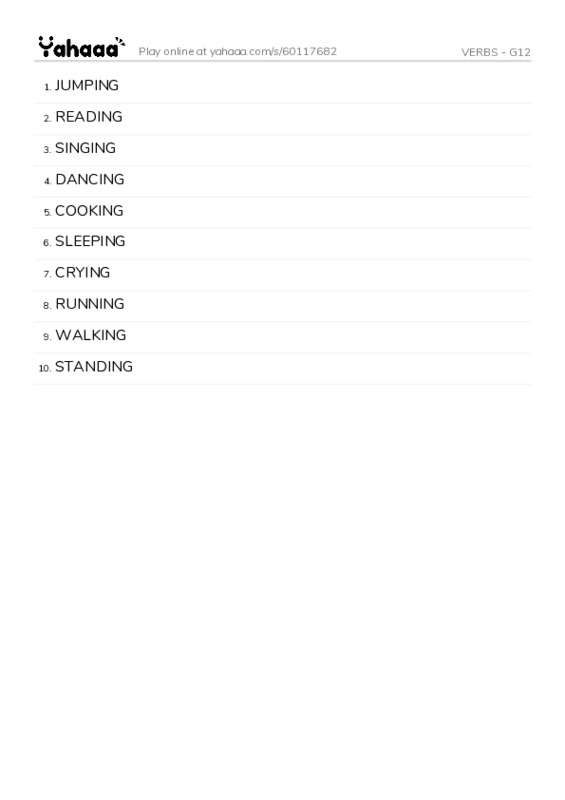 Word list with meanings worksheet for VERBS - G12