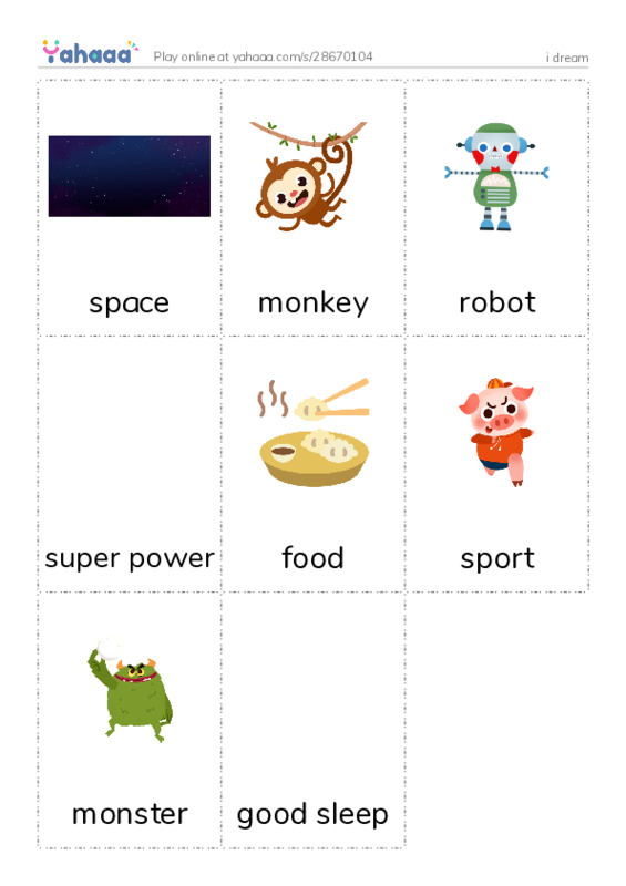 Picture flashcards worksheet for i dream