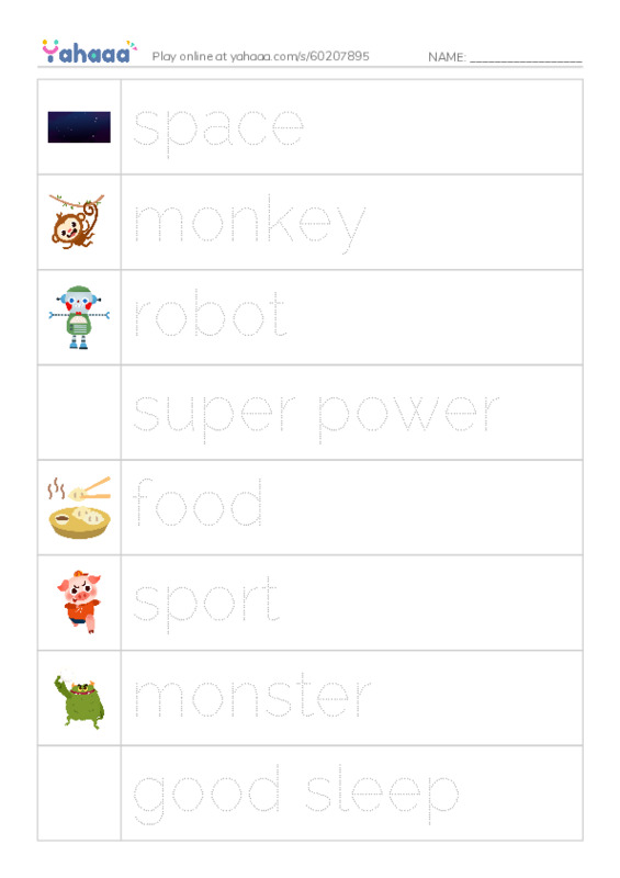 Picture and word rows worksheet for i dream