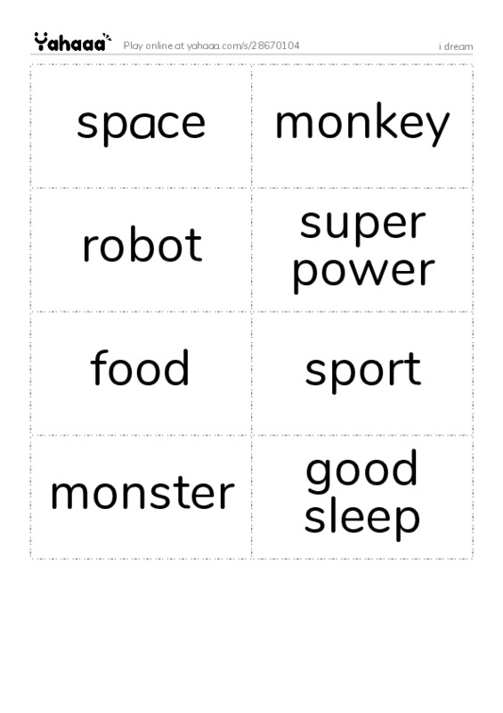 Word flashcards worksheet for i dream