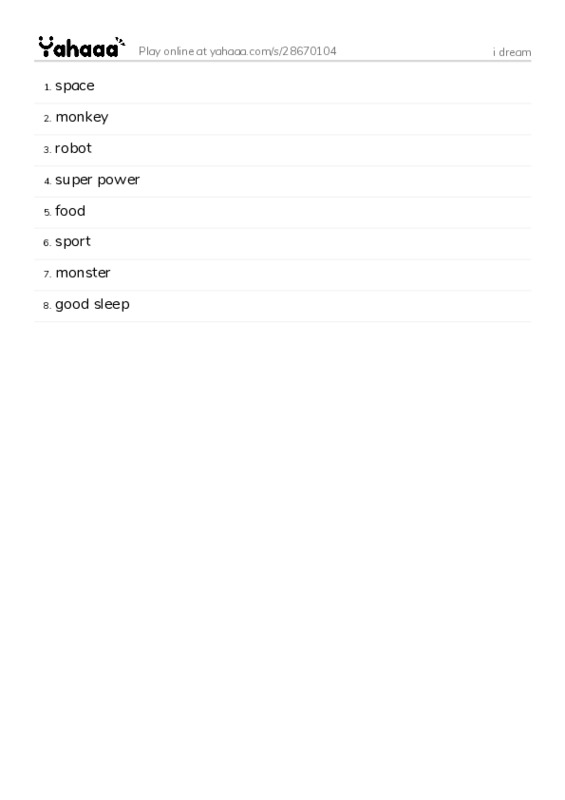 Word list with meanings worksheet for i dream