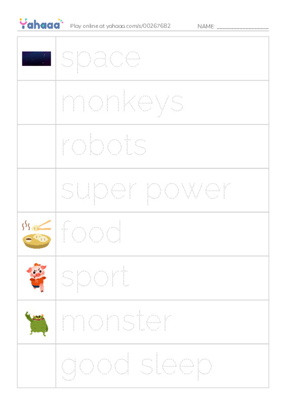 Picture and word rows worksheet for i dream