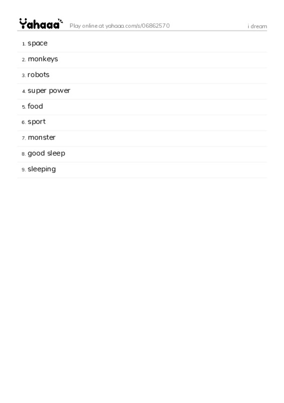 Word list with meanings worksheet for i dream