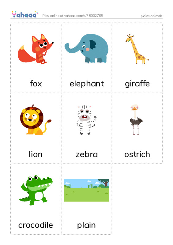 Picture flashcards worksheet for plains animals