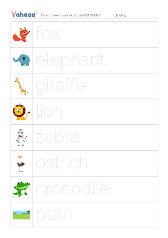 Picture and word rows worksheet for plains animals