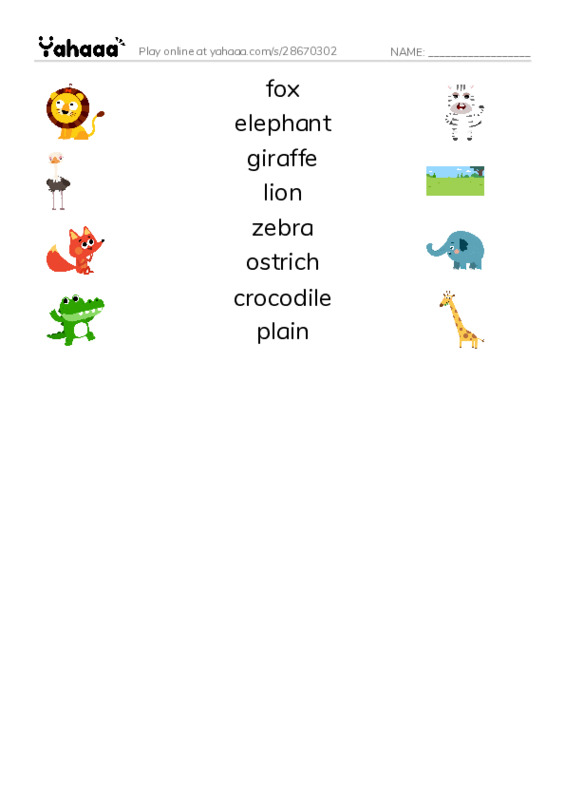 Match both sides worksheet for plains animals