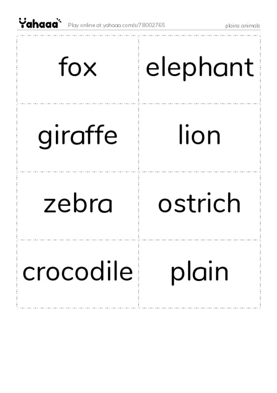 Word flashcards worksheet for plains animals