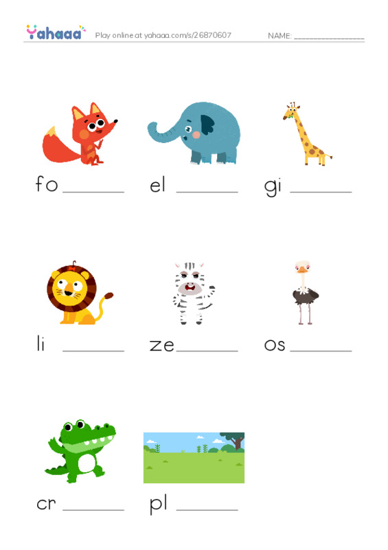 Finish the word worksheet for plains animals