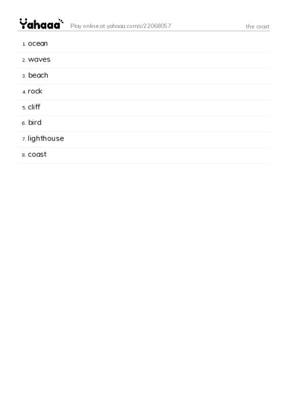 Word list with meanings worksheet for the coast