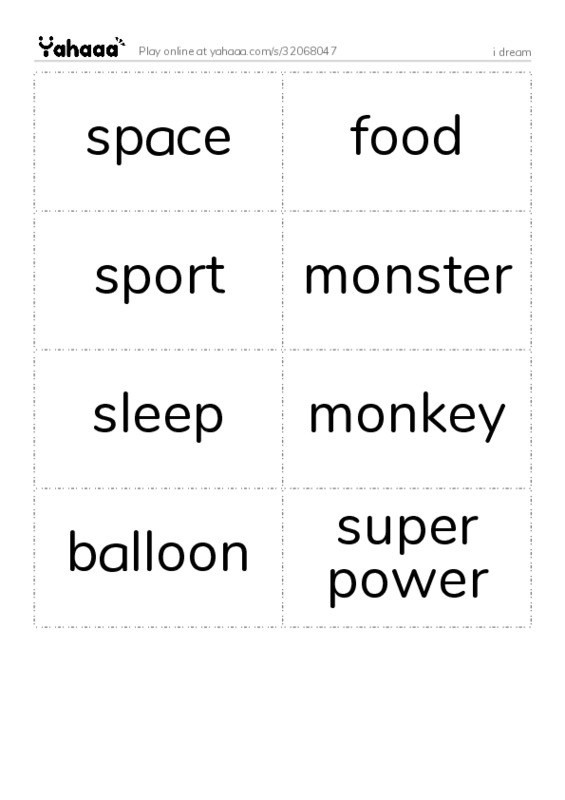 Word flashcards worksheet for i dream