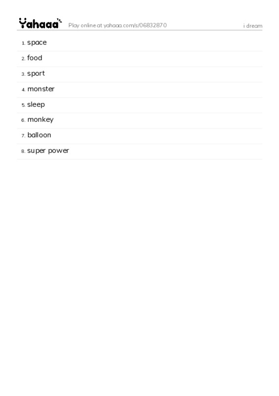 Word list with meanings worksheet for i dream