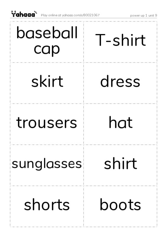 Word flashcards worksheet for power up 1 unit 9