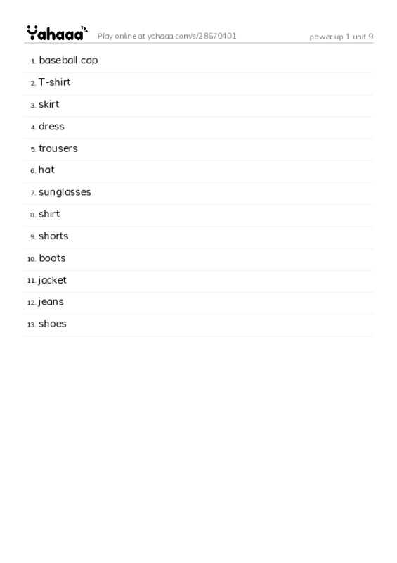 Word list with meanings worksheet for power up 1 unit 9