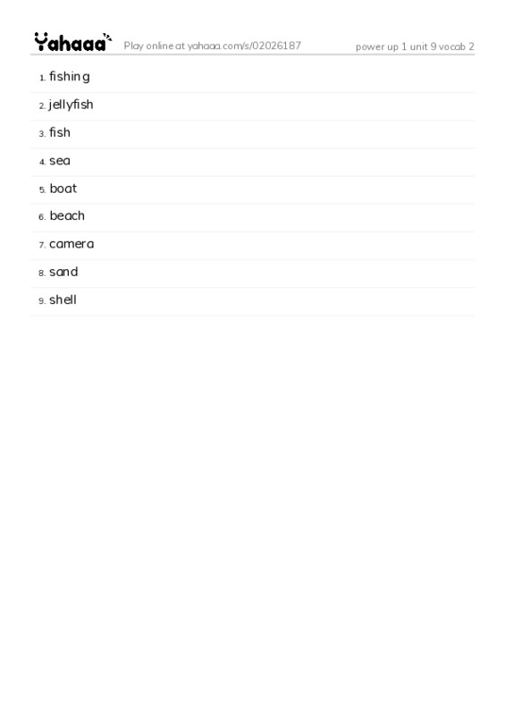 Word list with meanings worksheet for power up 1 unit 9 vocab 2