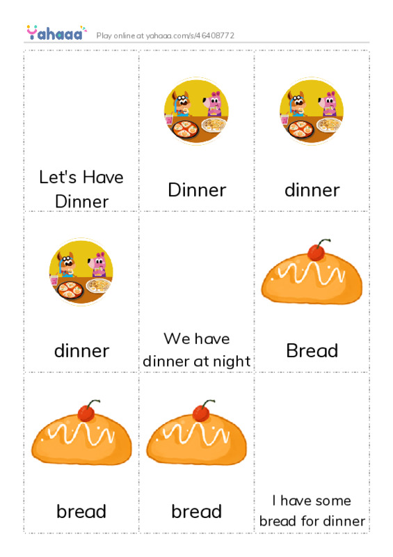 Picture flashcards worksheet for Let's Have Dinner, Dinner, dinner and 10 more