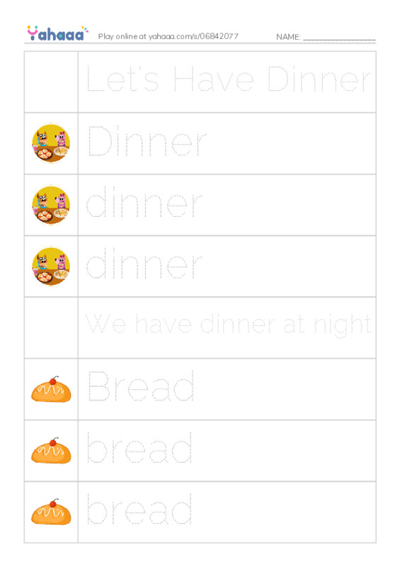 Picture and word rows worksheet for Let's Have Dinner, Dinner, dinner and 10 more