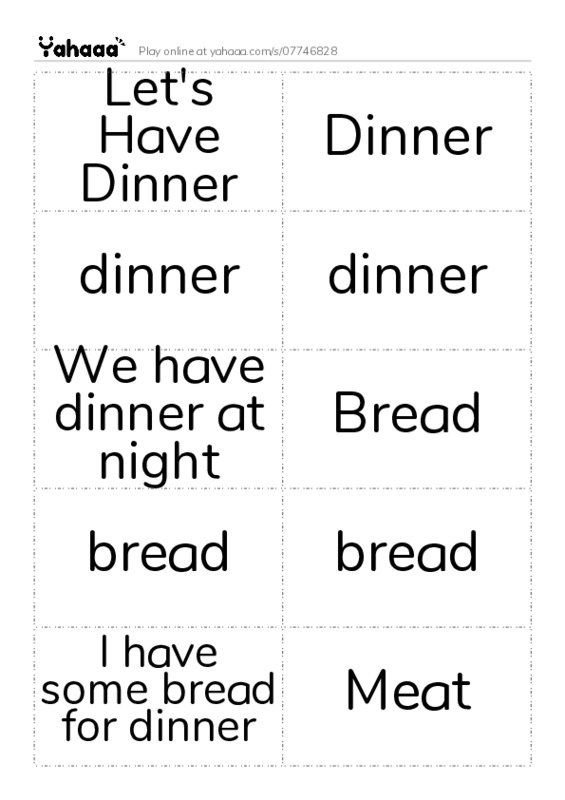 Word flashcards worksheet for Let's Have Dinner, Dinner, dinner and 10 more