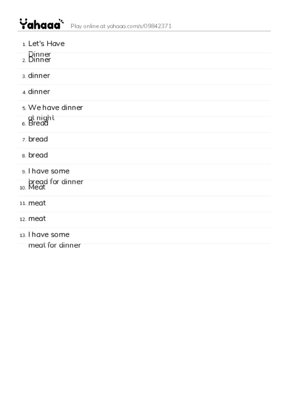 Word list with meanings worksheet for Let's Have Dinner, Dinner, dinner and 10 more