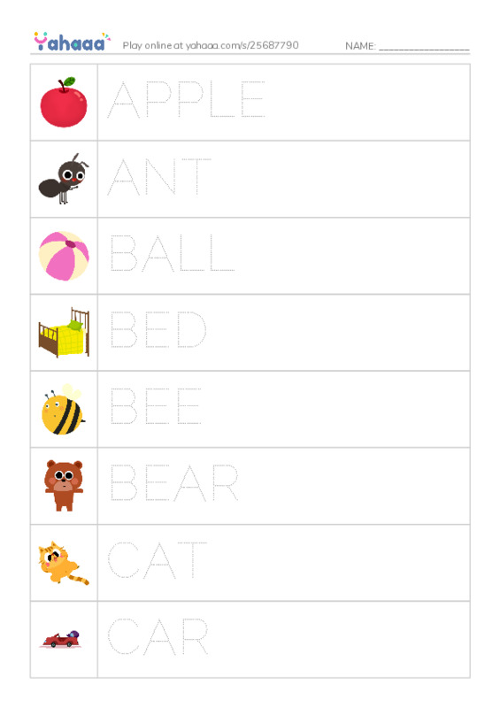 Picture and word rows worksheet for spelling