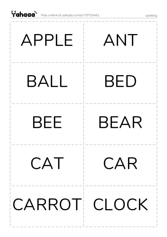 Word flashcards worksheet for spelling