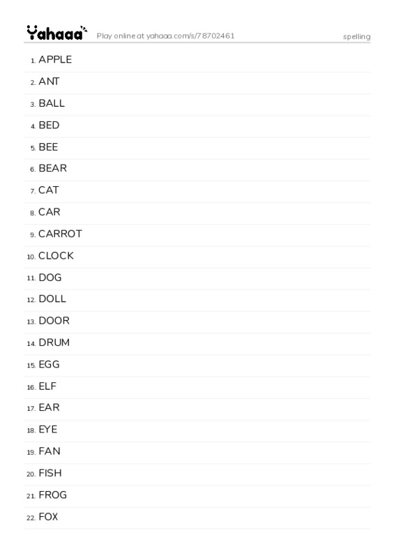 Word list with meanings worksheet for spelling