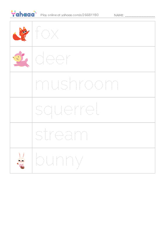 Picture and word rows worksheet for the forest