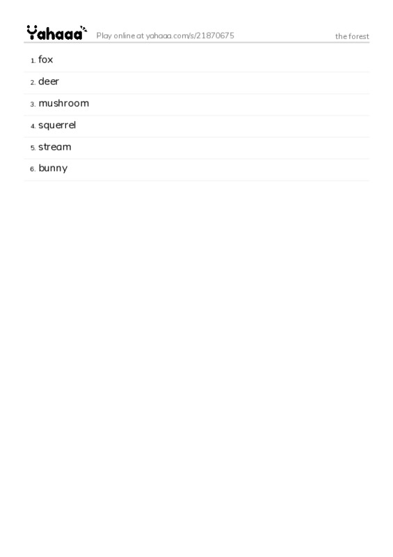 Word list with meanings worksheet for the forest