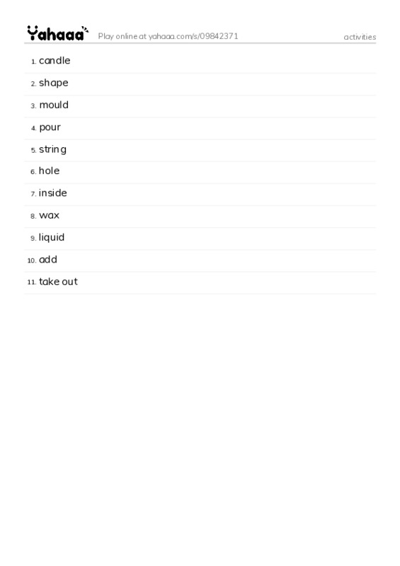 Word list with meanings worksheet for activities