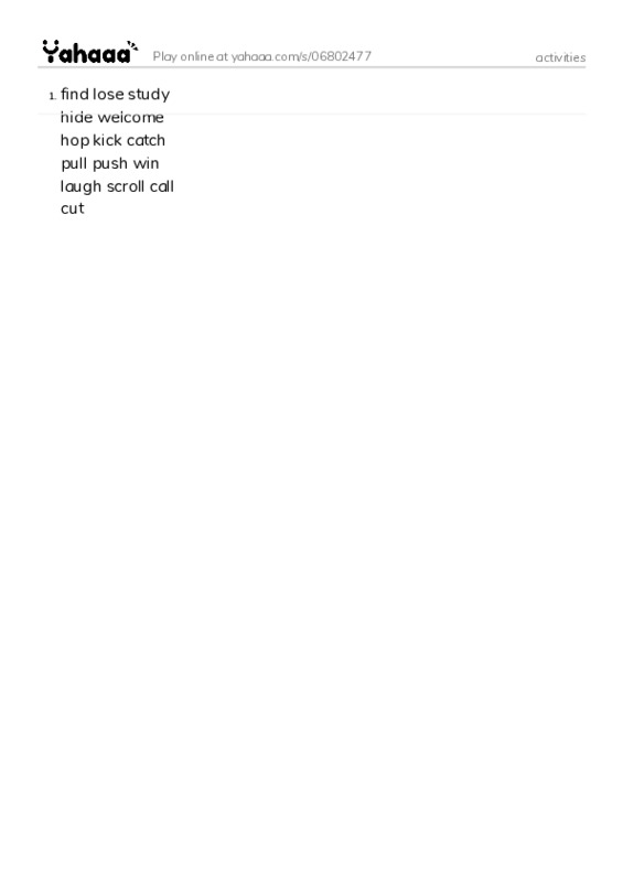 Word list with meanings worksheet for activities