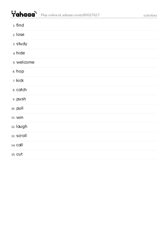 Word list with meanings worksheet for activities