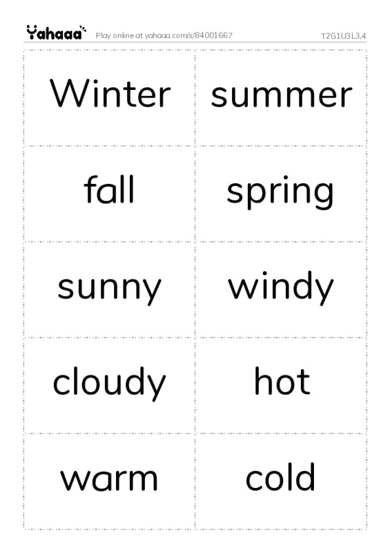 Word flashcards worksheet for T2G1U3L3,4