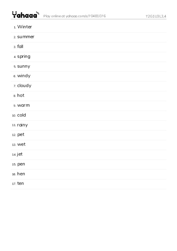 Word list with meanings worksheet for T2G1U3L3,4