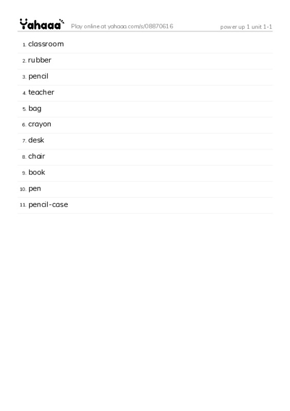 Word list with meanings worksheet for power up 1 unit 1-1