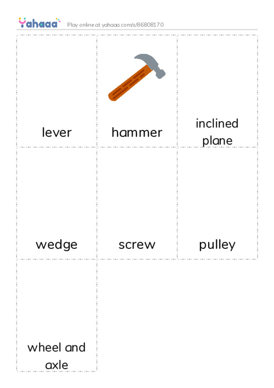Picture flashcards worksheet for lever, hammer, inclined plane and 4 more