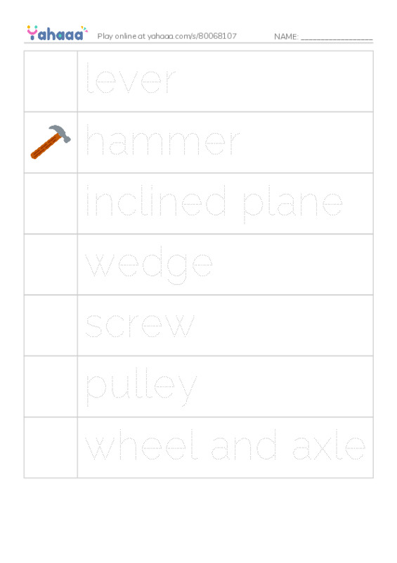 Picture and word rows worksheet for lever, hammer, inclined plane and 4 more
