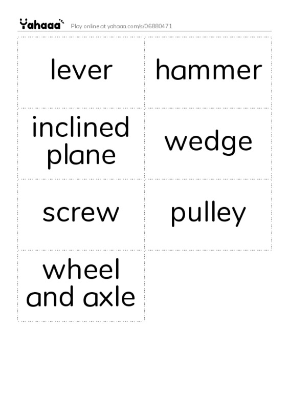 Word flashcards worksheet for lever, hammer, inclined plane and 4 more