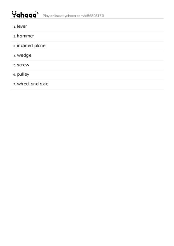Word list with meanings worksheet for lever, hammer, inclined plane and 4 more