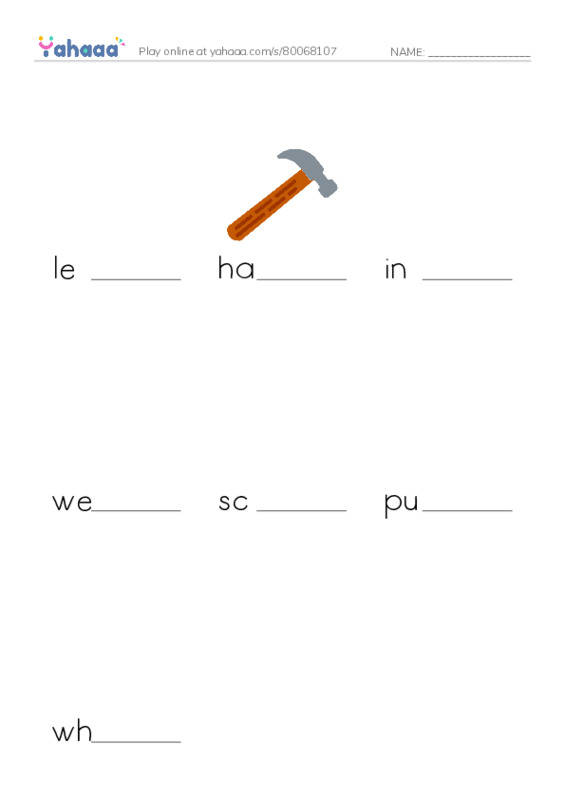 Finish the word worksheet for lever, hammer, inclined plane and 4 more