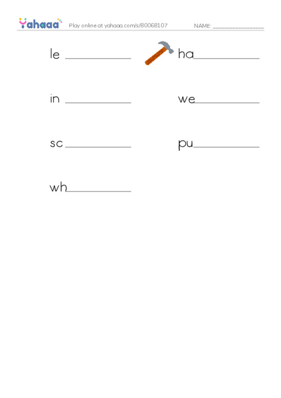 Write the word rows worksheet for lever, hammer, inclined plane and 4 more