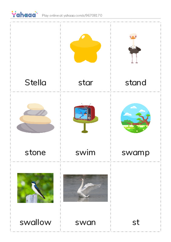 Picture flashcards worksheet for Stella, star, stand and 7 more