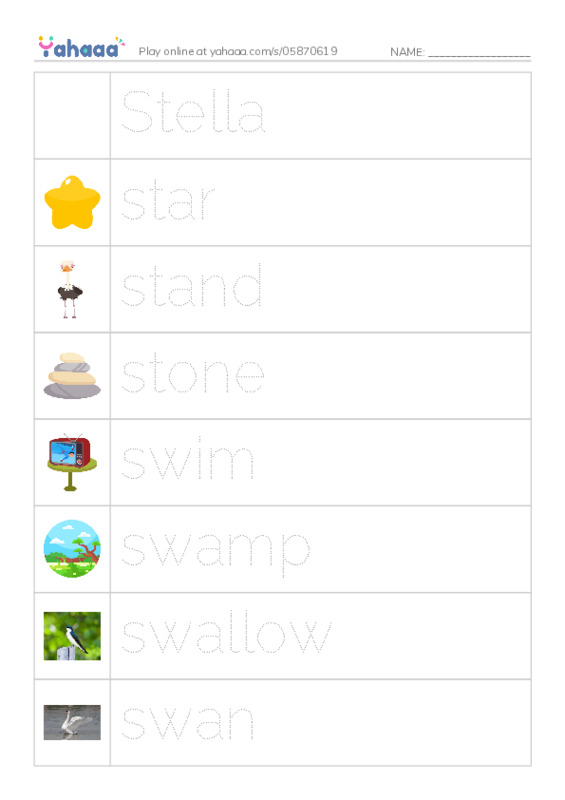 Picture and word rows worksheet for Stella, star, stand and 7 more