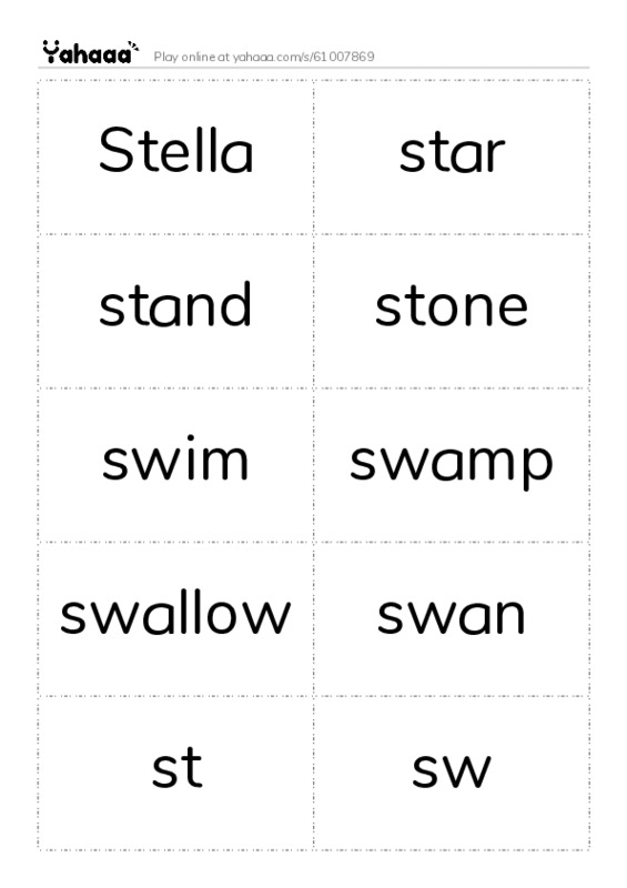 Word flashcards worksheet for Stella, star, stand and 7 more